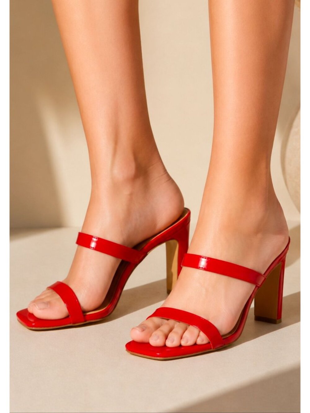 Red Patent Leather High Heel Sandals With Double Straps & Square Toe Design For